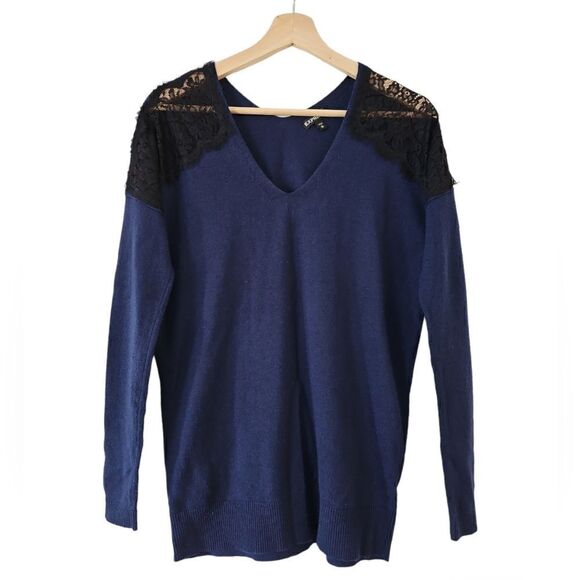 Express Women Pullover V Neck Lace Inset Wool Blend Sweater Navy Blue Size XS - Picture 3 of 11